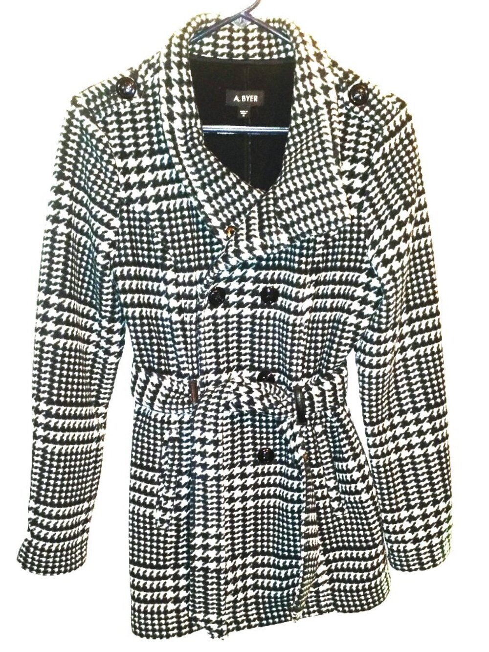 A Byer Jacket Womens Double Breasted Tie Front Fleece Coat Size M Black White
